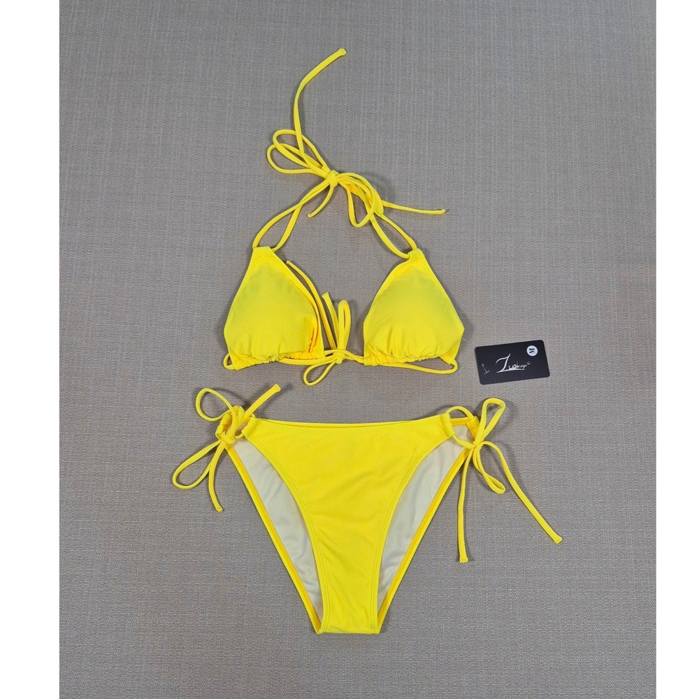 Zaobonye Womens Two Piece Triangle Bikini Set Yellow Side Tie Low Rise Medium
